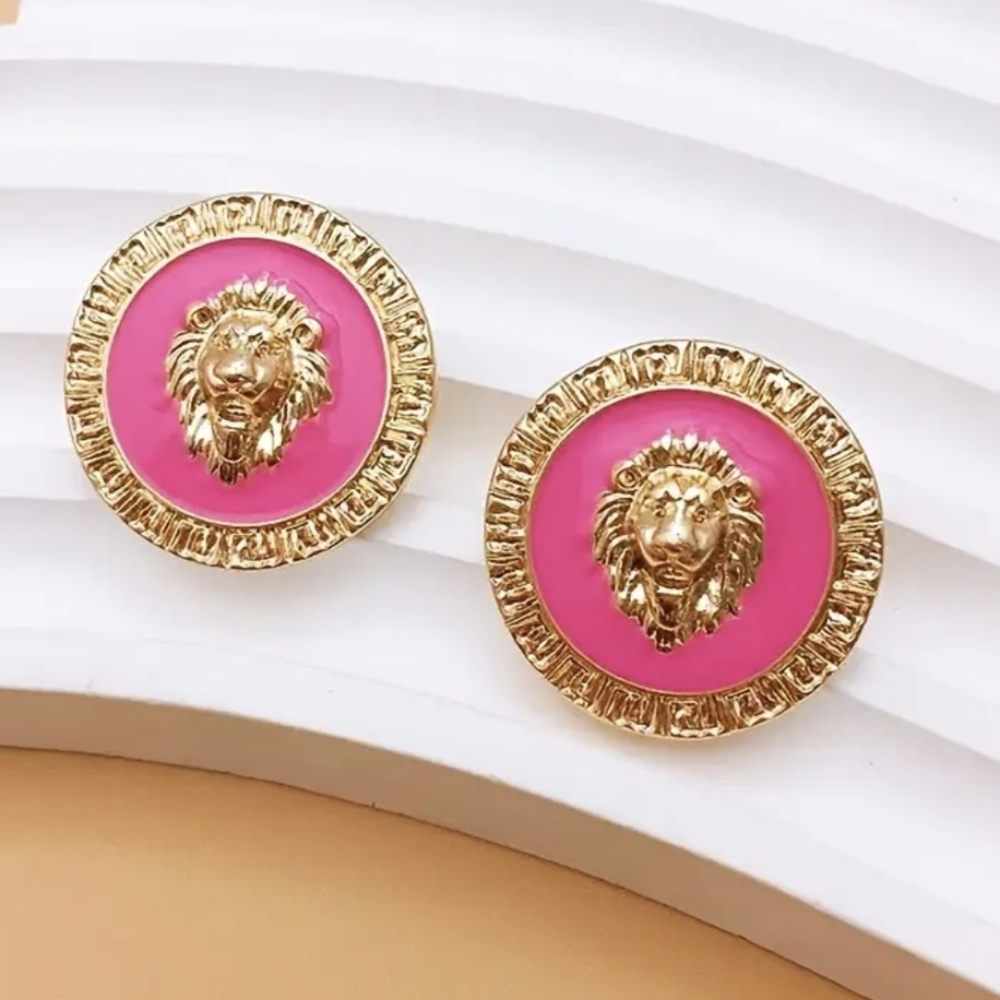 Gold & Pink Lion Earrings